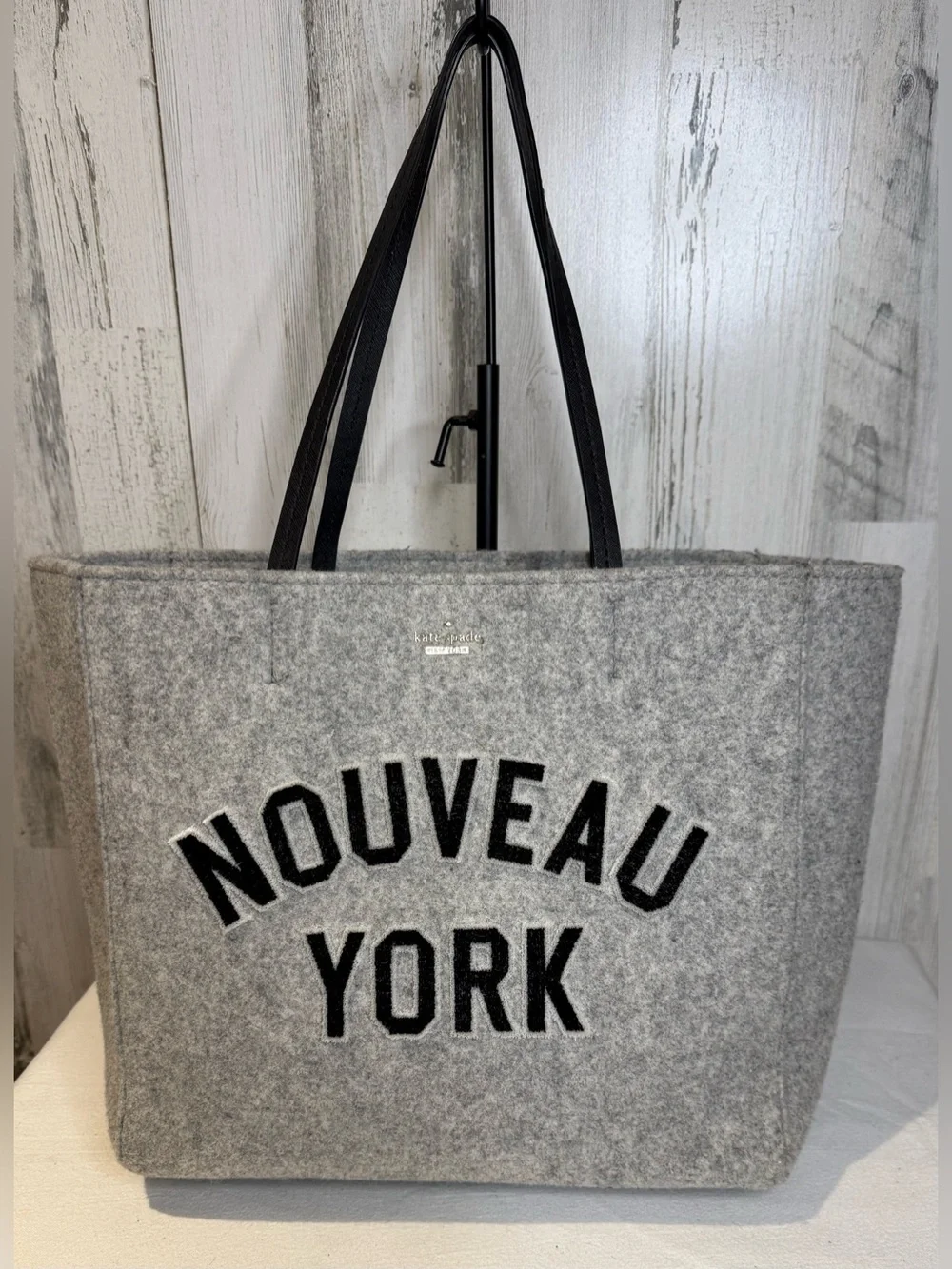Kate Spade Gray  'NOUVEAU YORK' Tote with Black Leather Trim Like New
